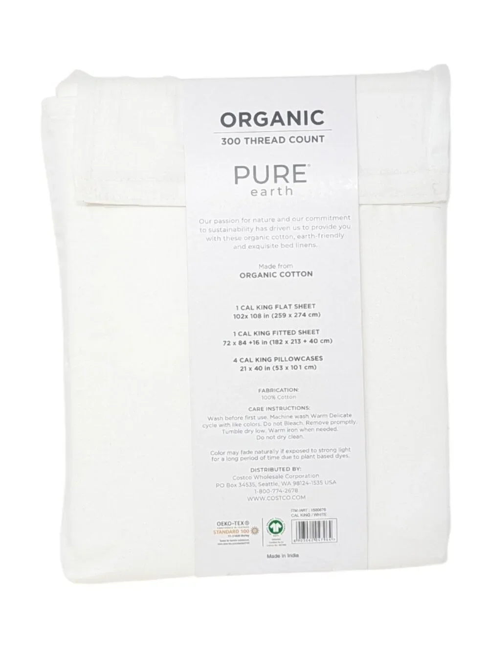 NEW Pure Earth Organic 300 Thread Count White California King Sheet Set